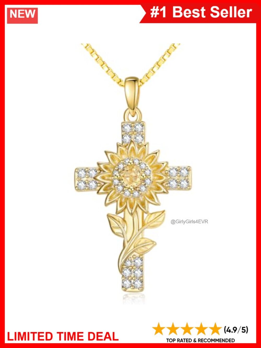 14K Gold Plated Sunflower Cross Pendant Necklace Cubic Zirconia 18+2"
